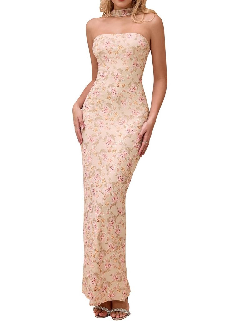 Women's Summer Bodycon Beige Floral Maxi Halter Neck Formal Cocktail Party Dress